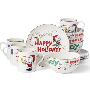 NEW Lenox Snoopy Woodstock Christmas Holiday 12 Piece Dessert Set Porcelain